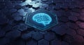 Futuristic glowing neon brain icon on dark hexagonal tech background, AI concept Royalty Free Stock Photo