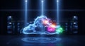 Futuristic digital cloud technology emerging with data streams and server racks Royalty Free Stock Photo
