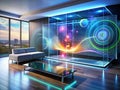 Experience the Future A Sleek Interactive Touchscreen Display Showcases Vibrant Graphics and Holographic Effects in a Royalty Free Stock Photo