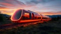 Futuristic Electric Train Traveling at Sunset