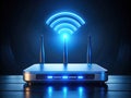 Experience the Future of Wireless Connectivity A Futuristic HighSpeed WiFi Router Radiating a Glowing Network Symbol in