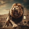 Majestic Echoes: Lion\'s Roar Resounds within Ancient Roman Colosseum