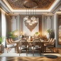 Opulent elegance: luxurious dining room with ornate woodwork and modern lighting