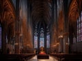 Stunning Cathedral With Stained Glass Windows and Pews. Generative AI.