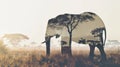 elephant full body side silhouette with double exposure of African savannah silhouette on white background