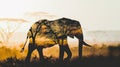 elephant full body side silhouette with double exposure of African savannah silhouette on white background