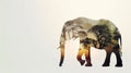 elephant full body side silhouette with double exposure of African savannah silhouette on white background