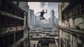 The dramatic and exciting movements of a group of parkour practitioners leaping and scaling buildings created with Generative AI