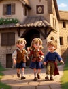 Charming Village Scenes: Cute Little Boys and Girls. AI-Generated