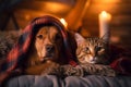 Cozy Companions: Dog and Cat Basking in a Hat and Blanket at Home (AI Generated)
