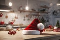 Santa\'s hat on top of a table in a kitchen, Christmas wallpaper