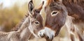 A mother donkey nuzzling her foal