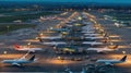 Busy airport with planes taking off and landing on the runways created with Generative AI