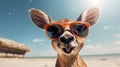 Experience the intensity of an deer leaping onto the beach in a stunning close-up photo, Ai Generated
