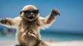 Experience the intensity of an gibbon leaping onto the beach in a stunning close-up photo, Ai Generated