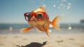 Experience the intensity of an goldfish leaping onto the beach in a stunning close-up photo, Ai Generated