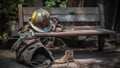 Firefighter helmet and boot on a bench in the park. Generative AI. Royalty Free Stock Photo