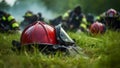 Firefighters helmet on a grass in the forest. Selective focus. Generative AI.