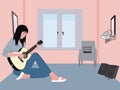 Illustration of Musical Solitude - Girl Playing Guitar in Her Room Royalty Free Stock Photo