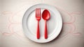 Appetizing Cuisine Icon Red Fork and Spoon on a White Plate Evoking Modern Diner Warmth Royalty Free Stock Photo