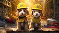 Two Adorable White and Brown Puppies in Hard Hats - Photorealistic Illustrations of Playful Canine Companions