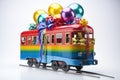 Experience the joy and excitement as a vibrant train adorned with balloons and streamers brings life to any occasion, A trolley