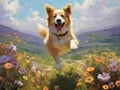 Blossom Bound: Energetic Dog\'s Playful Leap Amidst Wildflowers