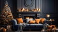 Seasonal Comfort: Christmas Interior Featuring Sofa and Ornate Fireplace