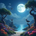 Enchanted Spring Night Vibrant Flowers and Mystical Creatures Royalty Free Stock Photo