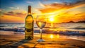 Enchanted Coastal Evening Silhouette of Wine Glasses and Bottle Against a Breathtaking Sunset Over the Sea Evoking Royalty Free Stock Photo
