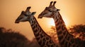 Experience the magical allure of two giraffes in the golden hour, their silhouettes merging seamlessly as they navigate the golden Royalty Free Stock Photo