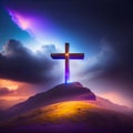 Jesus Cross On Hill with Abstract Flare Effect And Defocused Lights image of Jesus Christ\'s crucifixion on a hill. Royalty Free Stock Photo