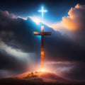 Jesus Christ Cross On Hill with Abstract Flare Effect And Defocused Lights Royalty Free Stock Photo