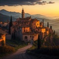 AI-Generative Magic: Summer Sunset Unveils Italian Landscape, Cottage, River, Medieval Village, and Castle