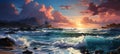 Beautiful seascape at sunset. Panoramic view. Ai generated Royalty Free Stock Photo