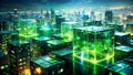 Dynamic Green Digital Cubes A Double Exposure Abstract Visualizing Futuristic Technology and Innovation