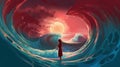 Red Wave: Imagining a Waterless Universe with Dark Red Naturalistic Ocean Waves and Distorted Figures, Generative AI