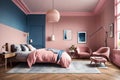 The modern charm of a spacious bedroom, adorned with a grey armchair against a captivating pink wall.