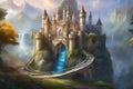 Enchanting fortress accompanied by a cascading waterfall ai art