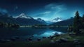 Moonlit Majesty: Mountain Landscape with Lake and Forest at Night Royalty Free Stock Photo