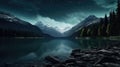 Moonlit Majesty: Mountain Landscape with Lake and Forest at Night