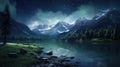 Moonlit Majesty: Mountain Landscape with Lake and Forest at Night Royalty Free Stock Photo