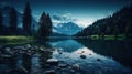 Moonlit Majesty: Mountain Landscape with Lake and Forest at Night Royalty Free Stock Photo