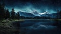 Moonlit Majesty: Mountain Landscape with Lake and Forest at Night Royalty Free Stock Photo