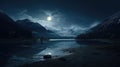 Moonlit Majesty: Mountain Landscape with Lake and Forest at Night Royalty Free Stock Photo