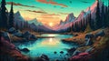 Experience the mystical beauty of nature with a cartoon of a mountain and lake landscape. The design features rocky mountains, a