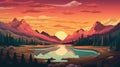 Experience the mystical beauty of nature with a cartoon of a mountain and lake landscape. The design features rocky mountains, a