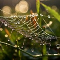 Spider web covered in dew drops, suspended in lush greenery Royalty Free Stock Photo