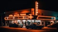 A classic movie theater with a neon marquee showcasing the latest MovieCapital blockbusters created with Generative AI