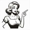 Vintage retro woman pointing simple line art black and white comic 01 Royalty Free Stock Photo